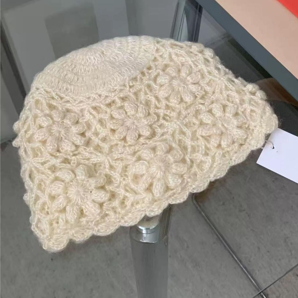Han Generation Handmade Crochet Solid Color Headgear Sweet Three-dimensional Flower Knitted Hollow Hat Atmosphere Wool Hat