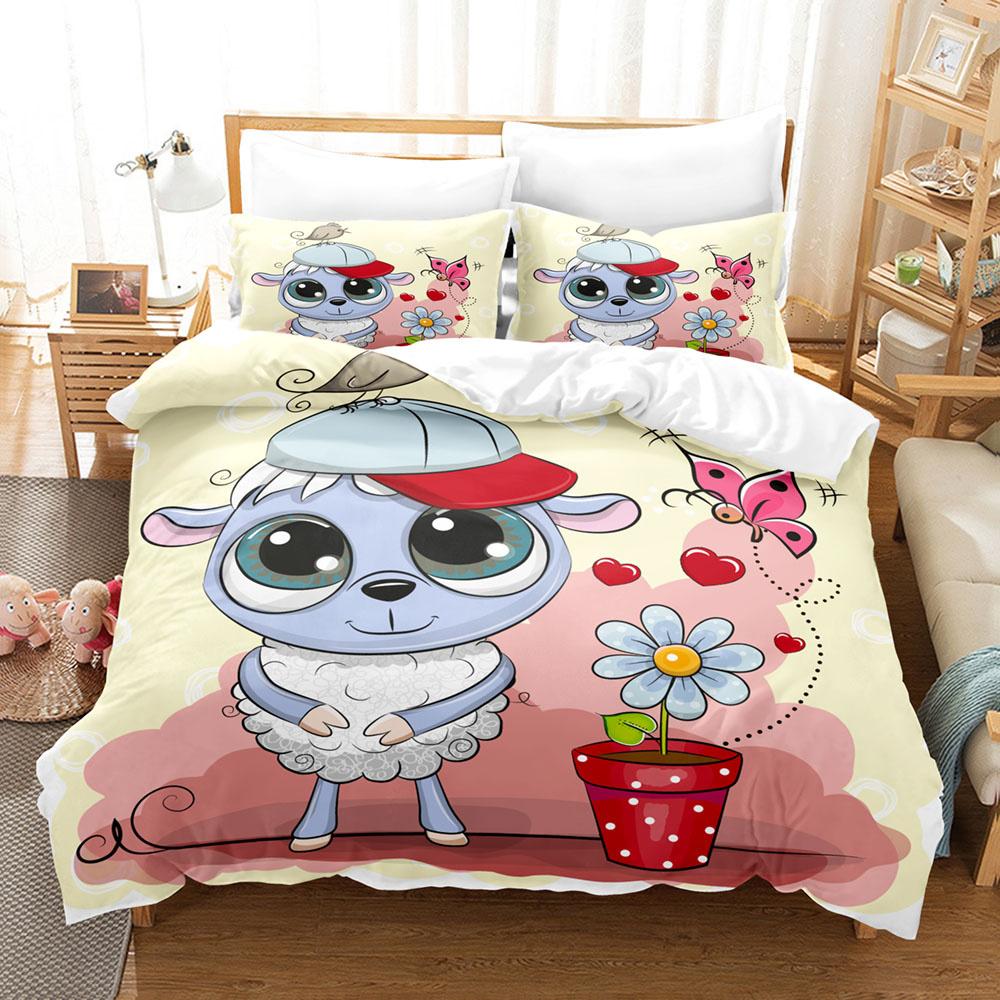 Cartoon Sheep Duvet Cover Set Cute White Sheep Flowers Pattern King Queen Full Size For Kids Boy Girl Gift Polyester Bedding Set