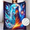 Ice and Fire Wolf Blanket - Dual-Tone Blue/Orange Wolf Flannel Throw with Cosmic Moon Phases - Soft All-Season Bedspread for Home, Office, Camping - M