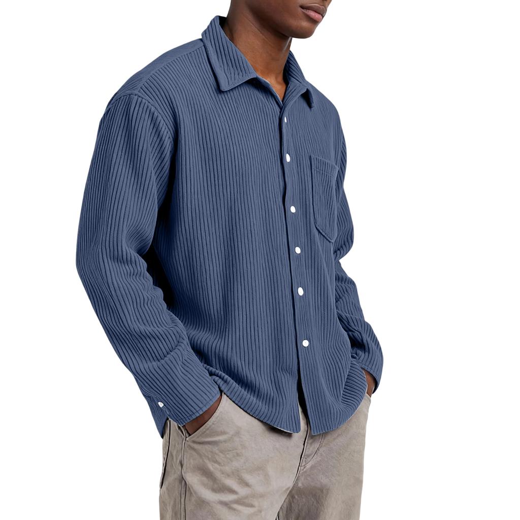Men’s Long Sleeve Ribbed Button Down Shirt with Single Chest Pocket Relaxed Fit Collared Top for Everyday Wear