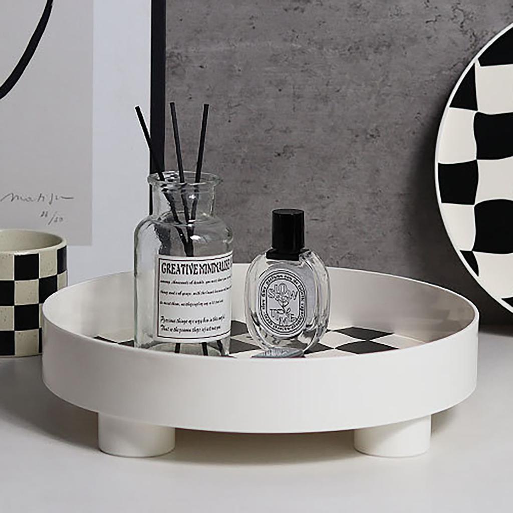 Round Storage Organizer Tray Checkerboard Design Plate Container Tray for Fruit Perfume Jewelry White, Small
