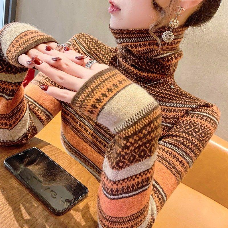 Autumn Winter 2024 Women Korean Fashion Striped High Collar Basic Knitted Sweater Vintage Elegant Long Sleeve Slim Pullover Tops