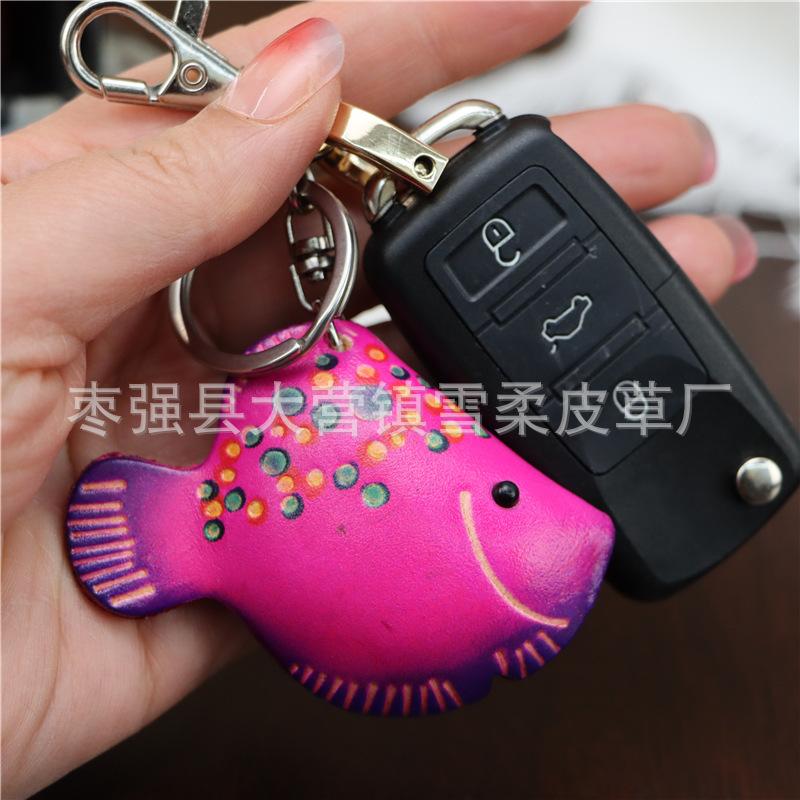 First Layer Cowhide Small Red Fish Car Keychain Small Fish Bag Personalized Pendant Accessories Cute Cartoon Birthday Gift