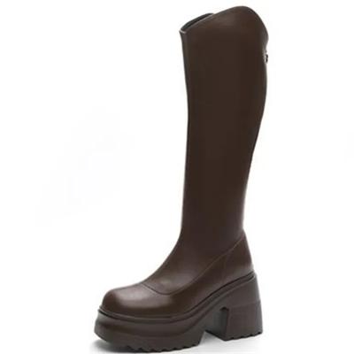 Damen Plateau Schuhe Neue Dicke Absatz Lange Stiefel Frühling High Heel Reiter Rindsleder Stiefel Dicke Sohle Schlanke Stiefel Kniehoch