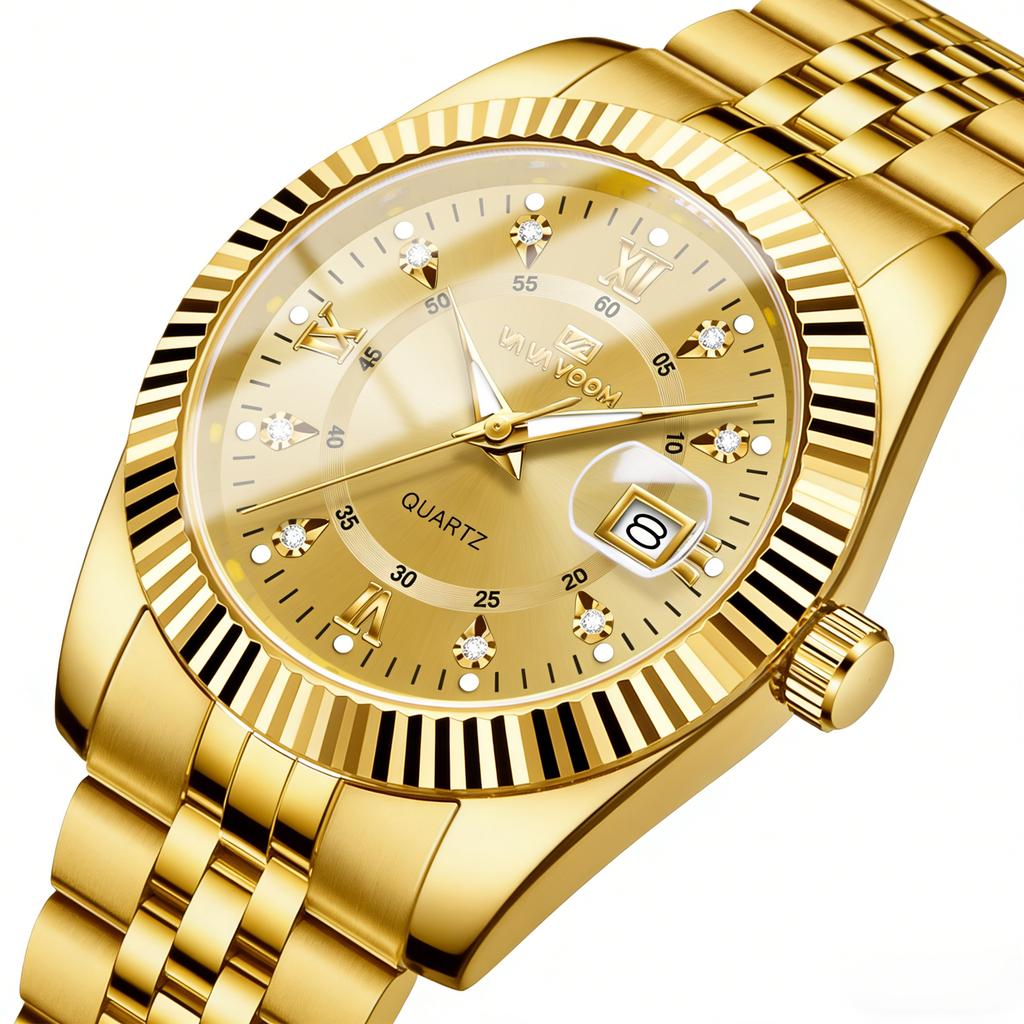 Fashion Luxury Male Wristwatch Two‑Tone Gold Case Rhinestone Dial Stainless Steel Original Quartz Movement Men's Business Watch