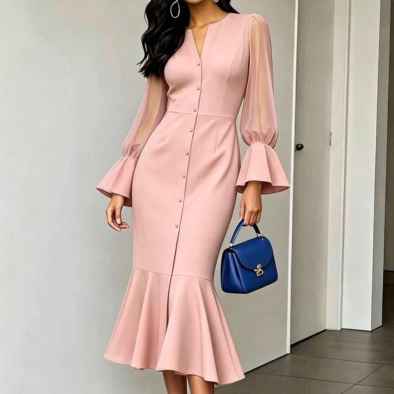Long Sleeve Plus Size Vintage New In Dresses for Women Casual Long Spring Autumn Mermaid Hem Dress