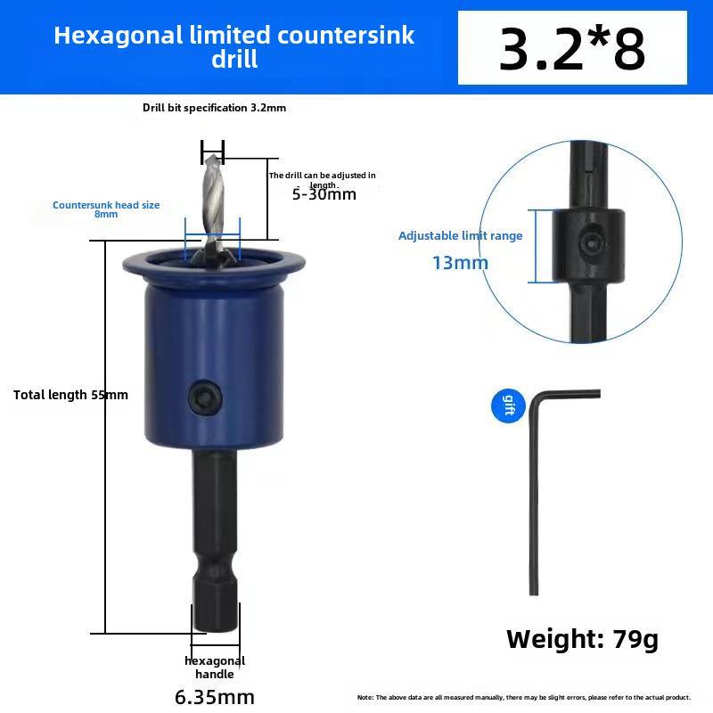 Hexagonal Handle Blue Limited Countersink Drill Bit for Woodworking and Screw Installation.