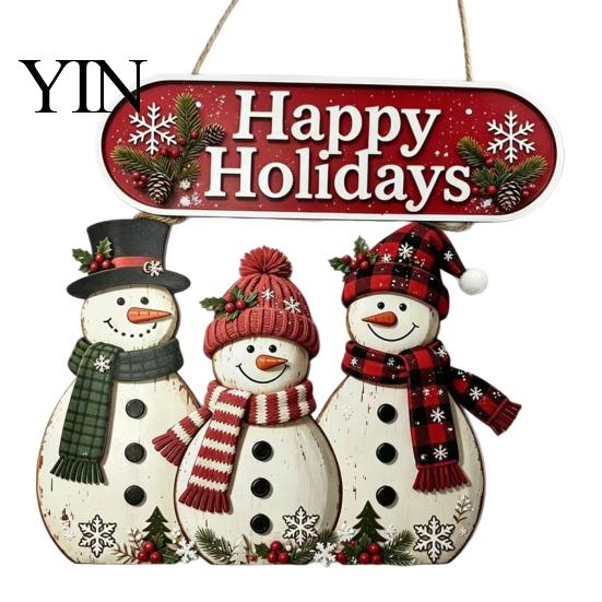 Vintage Style Seasonal Home Accents Christmas Wooden Hanging Sign, Rustic Holiday Wall Decor with Santa Claus Door Hanger Reindeer And Snowman