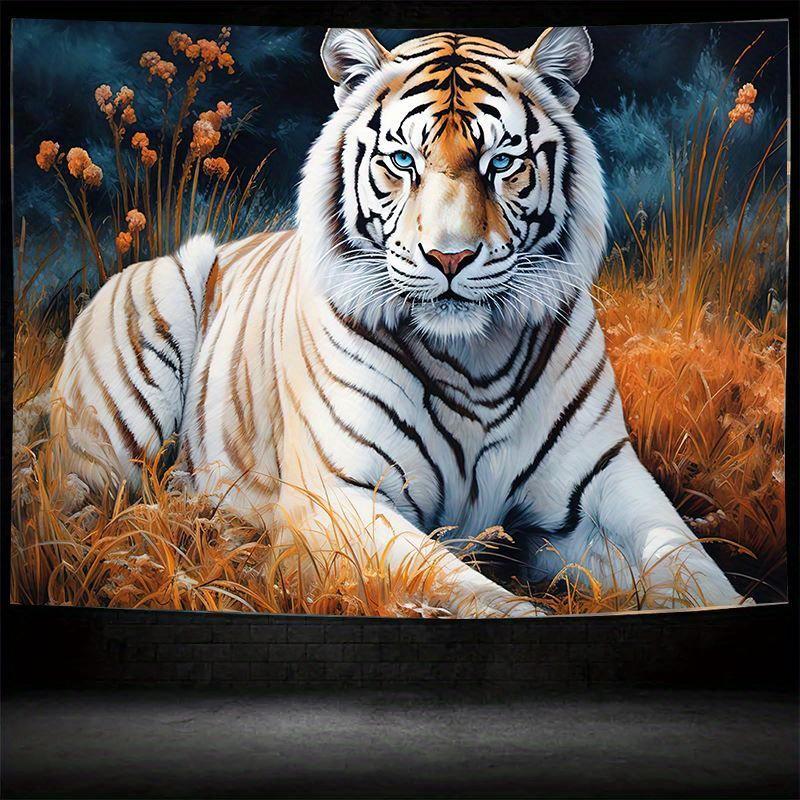 Elegante Tigre Bianco in Prateria Dorata Arazzo da Parete per Decorazione del Soggiorno, con un Ritratto Incredibilmente Dettagliato