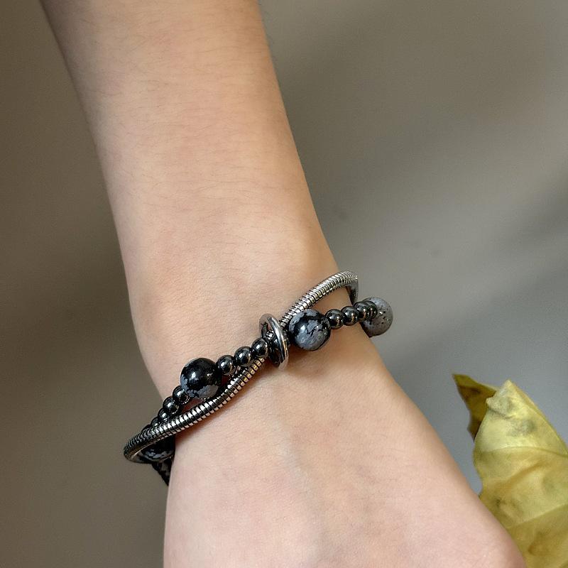 Gaga Men's Double Layer Snake Chain Bracelet with Snowflake Stone Beads