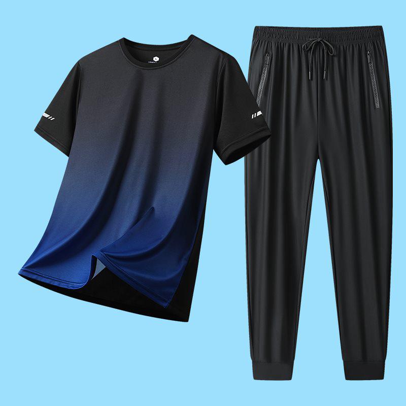 2026 Summer Men's Ice Silk Casual Sports Set: Round Neck Short Sleeve & Long Pants