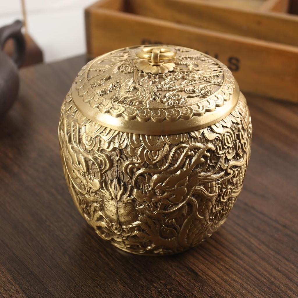 Double Dragon Copper Tea Canister Ornament - Pure Copper Storage Jar for Office/Desktop Decor