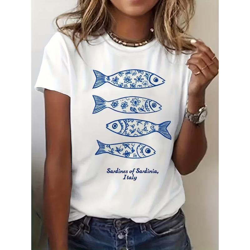 

Women s Sardines Fish Retro Graphic T-Shirt - Short Sleeve Crew Neck Casual Summer Top Print for Beach Outfits & Casual Attire S