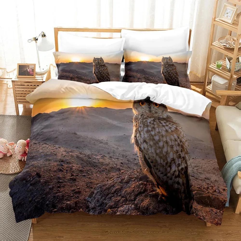 Owl Duvet Cover Set King/Queen Size,lovely Baby Owl Quilt Cover On A Tree,cute Wild Animal Polyester Bedding Set for Boys Teens