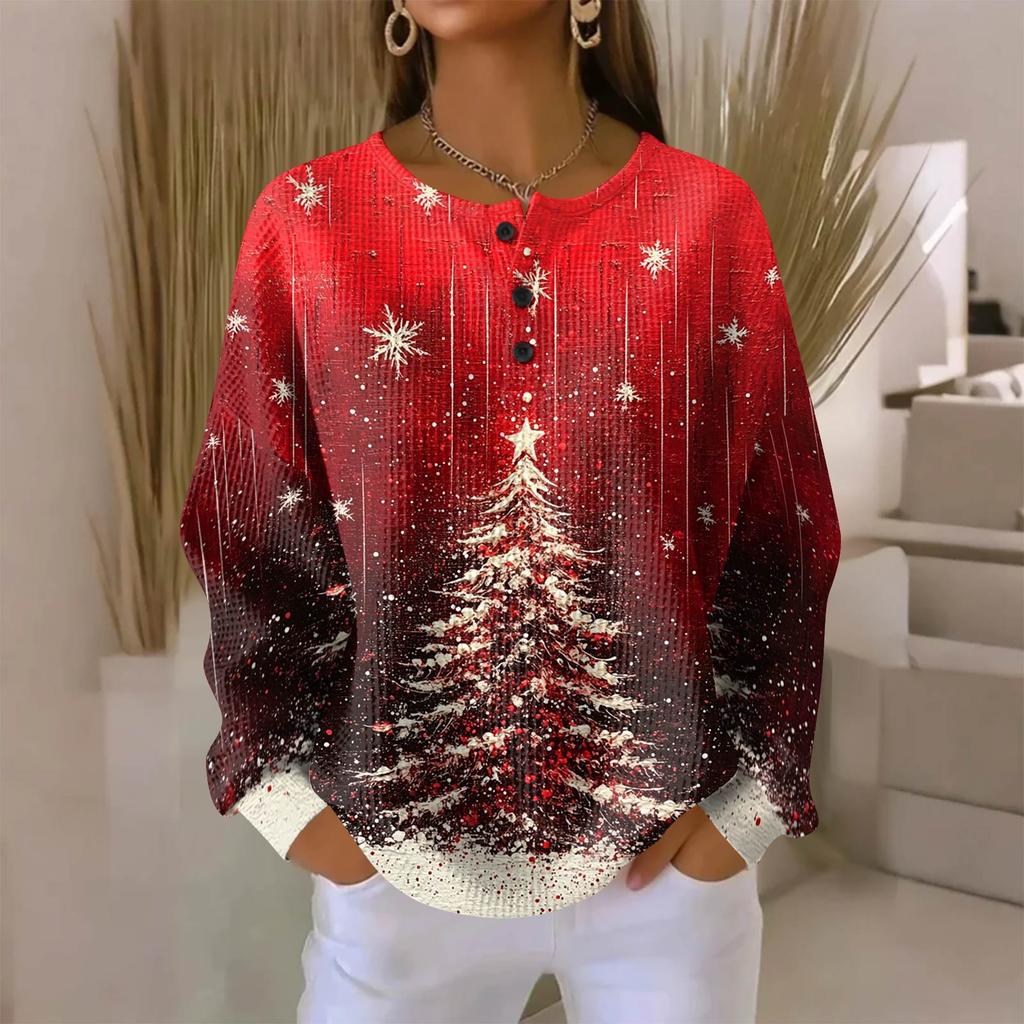 Camicia da donna alla moda casual con stampa natalizia, scollo a V, maniche lunghe e abbottonatura.