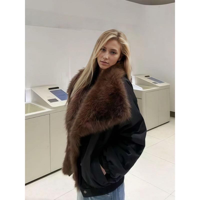 Women's Black Oversized Coat with Large Dark Brown Faux Fur Collar Winter Warm Jacket