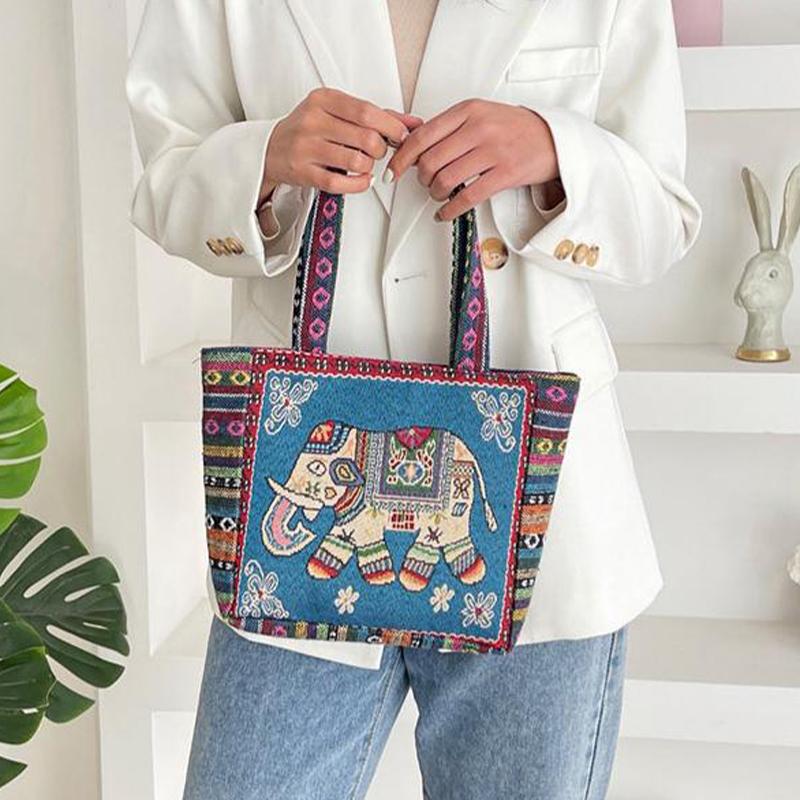 Ethnic Style Handbag Trendy Animal Embroidery Handbag Canvas Women Shoulder Bags Women Grocery Storage Pouch