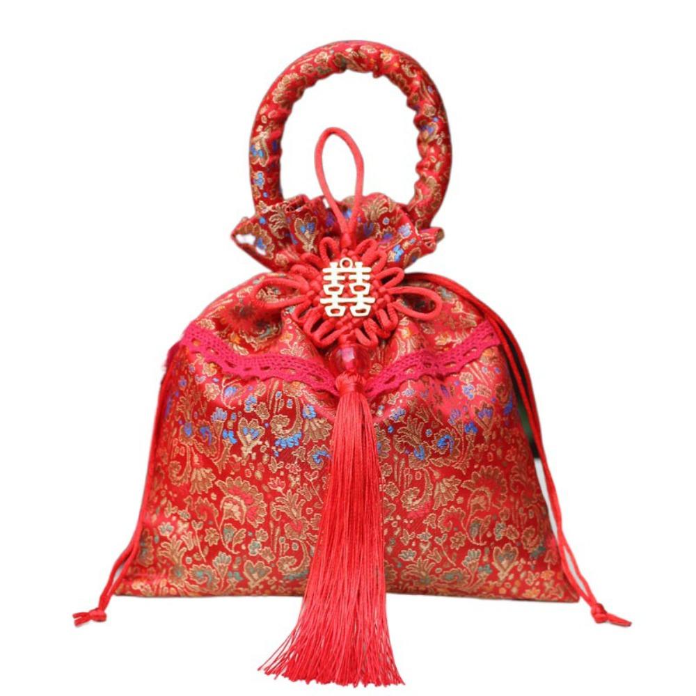 Chinese Style Flower Drawstring Bag Candy Storage Festive Sugar Bag Canvas Tassel Handbag Party