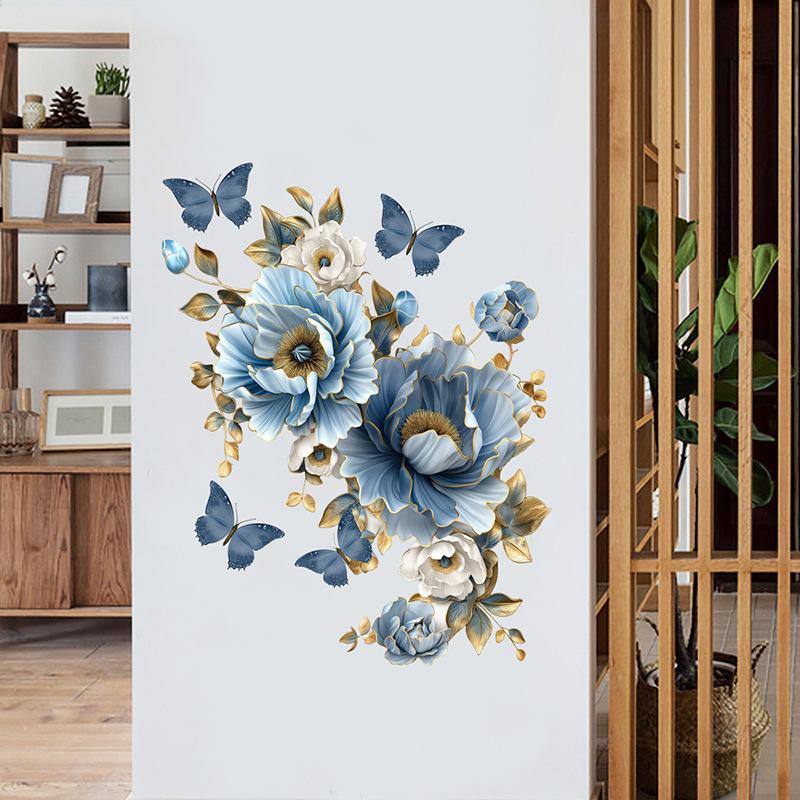 Blue Flower Butterfly Wall Sticker for Home Decor, Self-Adhesive Removable Decal for Living Room Bedroom Entrance