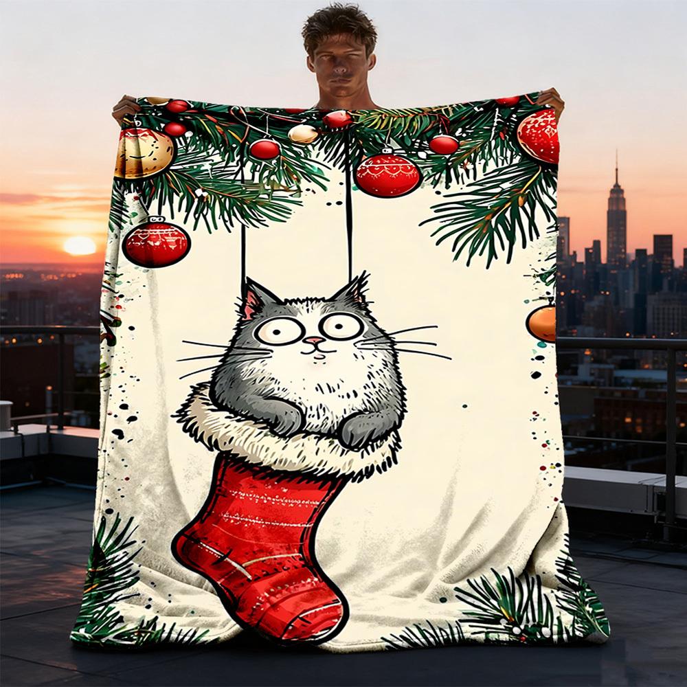 1pc Christmas Stocking Cat Outdoor Soft Polyester Flannel Throw Blanket Versatile for All Seasons , Soft , Cozy , Warm All Season Quilted Throw ,