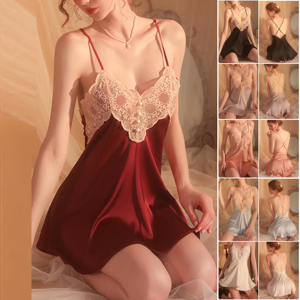 Women's Fashion Color V Neck Sexy Lace Backless Camisole Nightdress