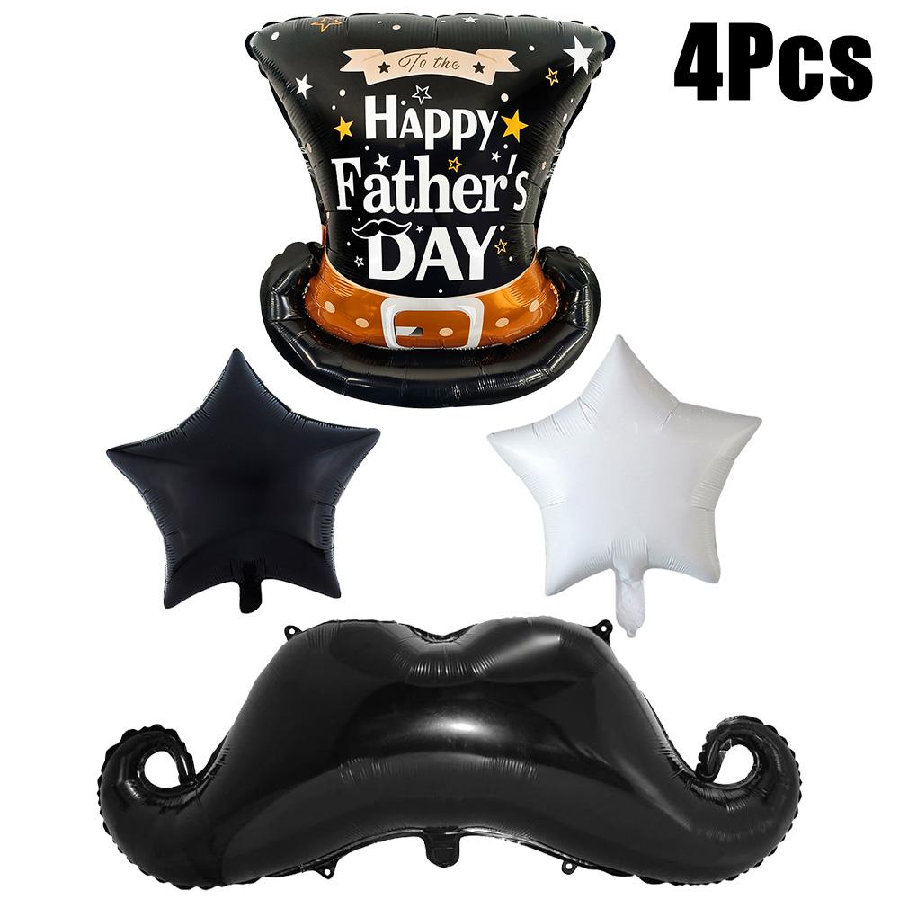 4Pcs Father's Day Foil Balloon Set, Large Gentleman Top Hat & Mustache Mylar Balloons, 18-Inch Star Balloons, Elegant Party Deco