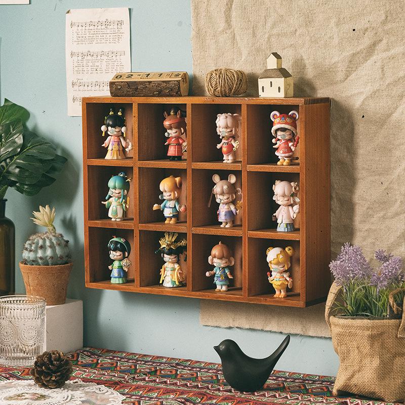 Retro Wooden Wall-Mounted Display Cabinet with Twelve Grids