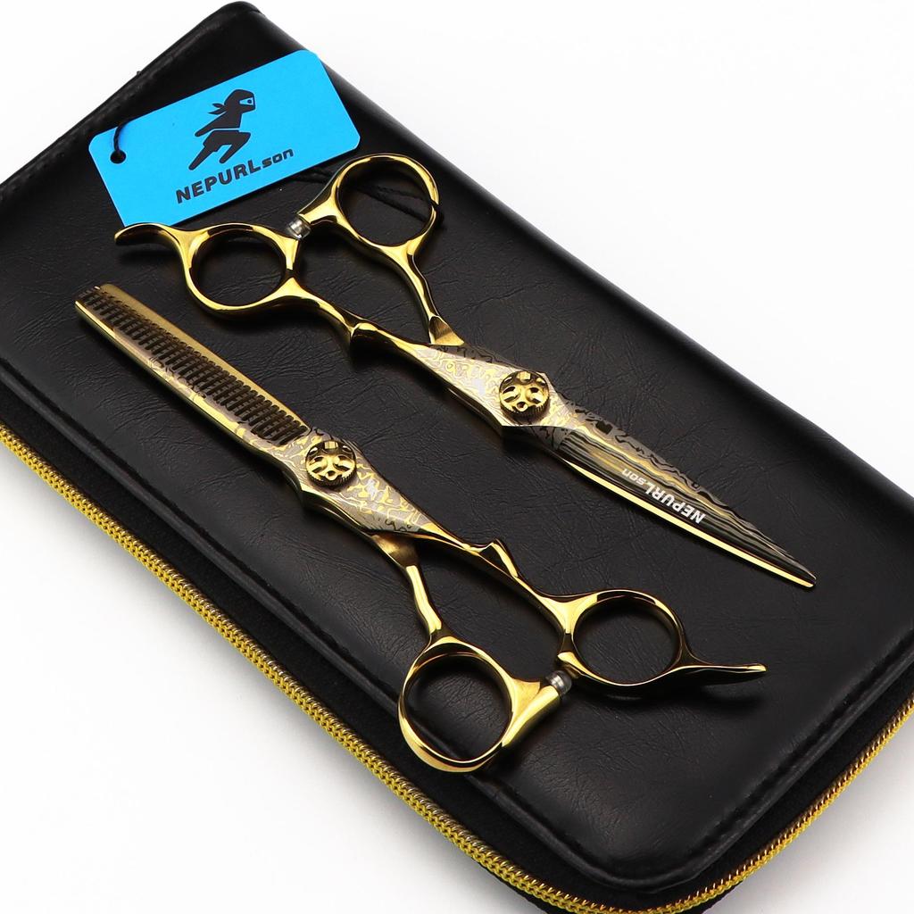 MCG-15 Gold Damascus Hairdressing Scissors Set: Straight, Serrated, Thinning Shears for Salon.