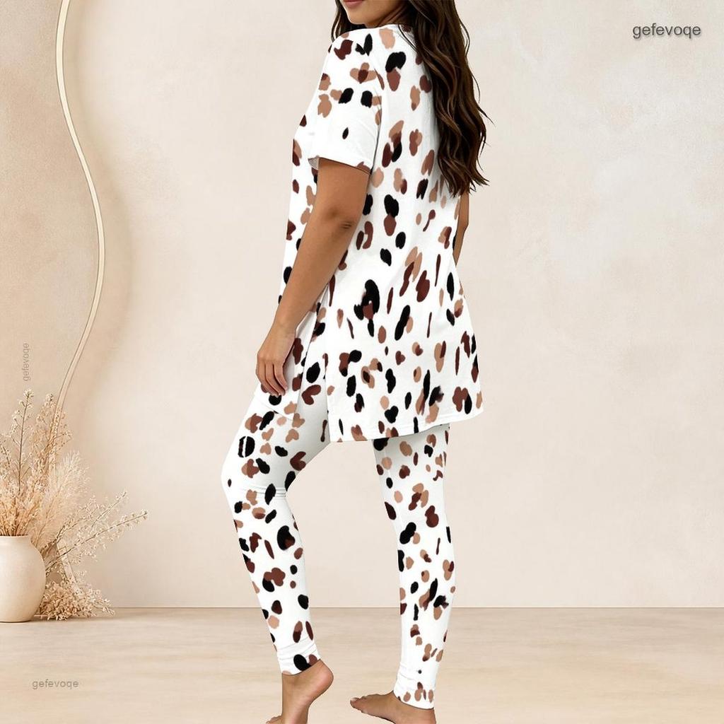 Women Plus Size Two Piece Set Round Neck Short Sleeve Printed Long Top Fitted Long Pants