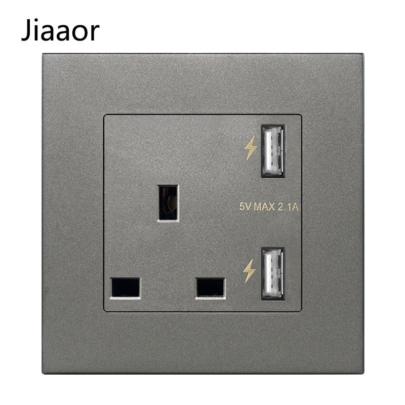 Grey British Standard Double Gang Switch Socket with USB & Type C - Hong Kong/Macau Compatible, Concealed 86 Type