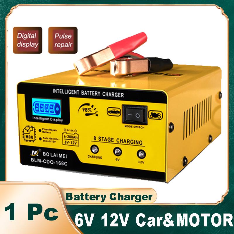 Automatic 6V 12V Car Battery Charger 6Ah-200Ah 15AMP Smart Battery Charger Fast Charging Pulse Repair Charger for Car Motorcycle EU