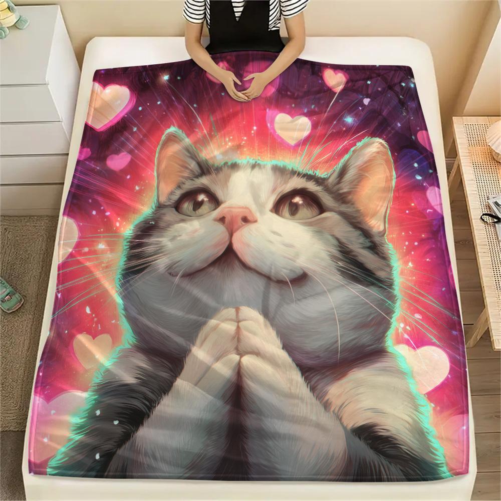 

Heart Cat Print Flannel Blanket, High quality Comfortable for All Seasons, Home Decor, Warmth and Comfort 80cm x 120cm