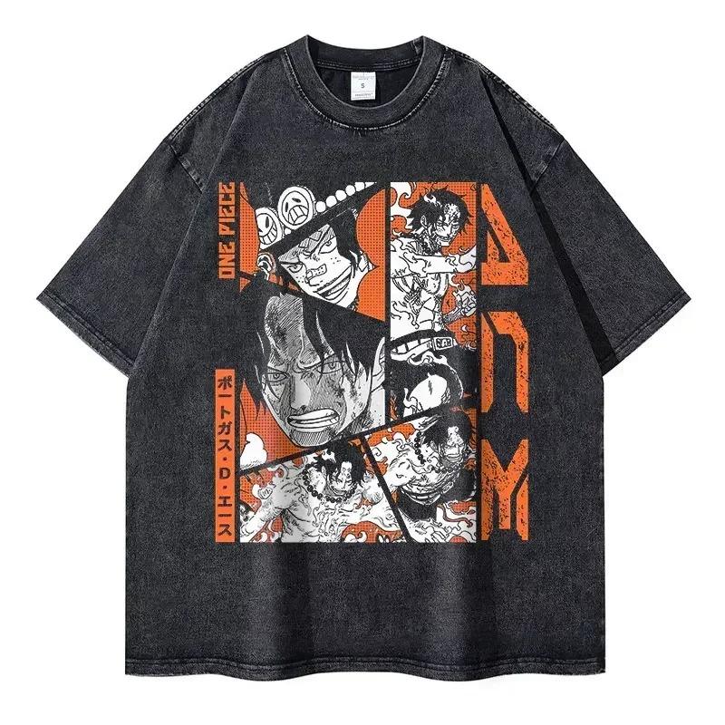 One Piece Washed T-shirt Men Women Streetwear Oversized Y2K Cotton High Quality L-Luffy Manga Tops Tees 100% Cotton Female Male Clothing L