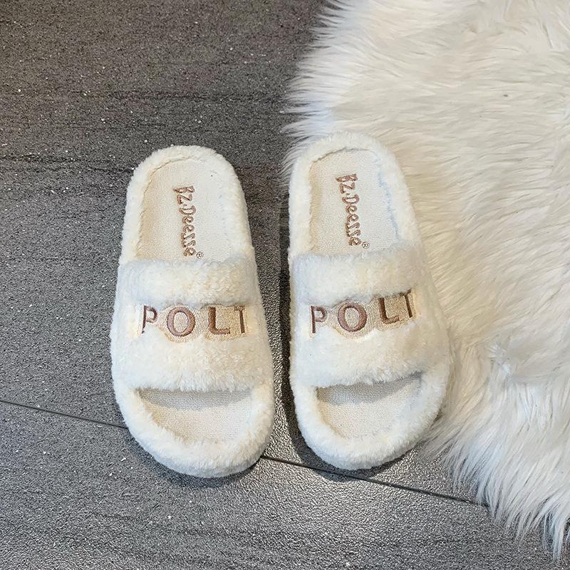 

Autumn and winter thick-soled one-word fluffy slippers 2024 Korean version of metal letters comfortable outer wear casual cotton slippers female tide 40