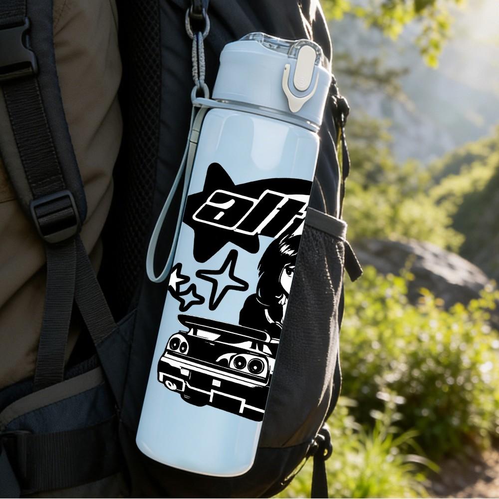 1PC Retro Car Star Girl Graphic 750ml Color Plastic Sports Water Bottle Leakproof Flip Straw Lid Suitable for Sports Office Home Use