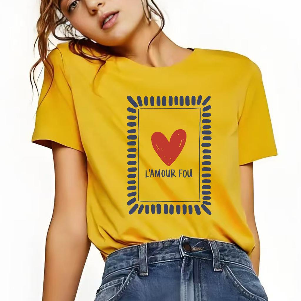 Fashionable love printed pattern Tshirt casual short sleeved round neck suitable for all seasons versatile Womens Tshirt
