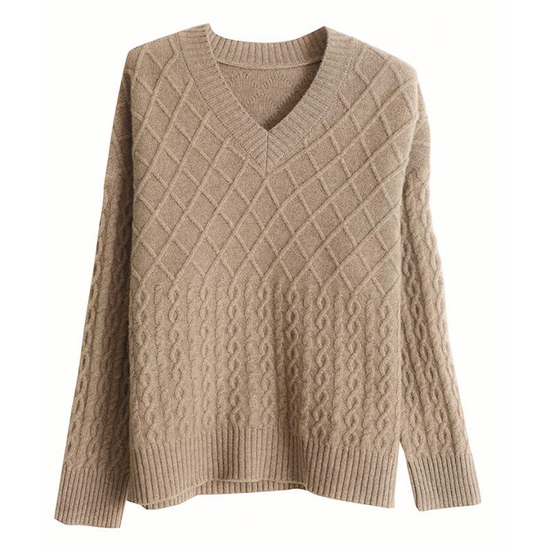 Women's Pure Wool V-Neck Pullover Sweater - Stylish Loose Fit, New for Autumn/Winter 2023