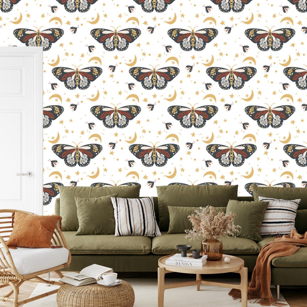 Rainbows and Butterflies Boho Wallpaper Graphite and Cream for Living Room and Bedroom 50x1000