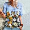 Summer V-neck 3D Cat Printed Top Fashionable Casual Short Sleeved Women's T-shirts