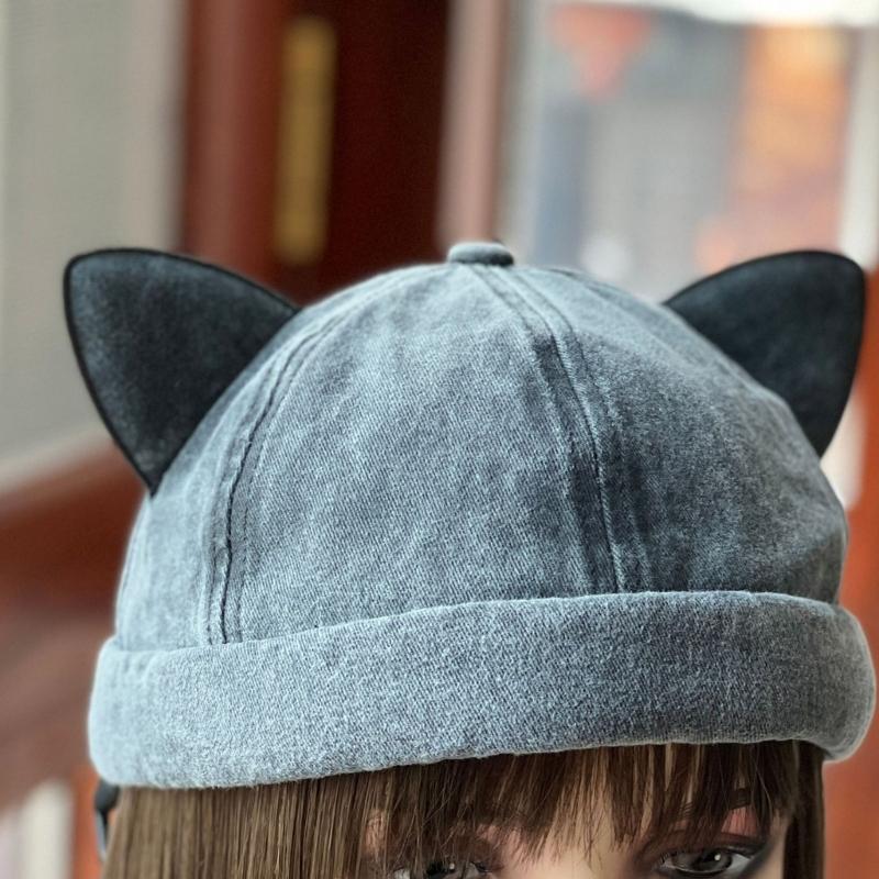 Cat Ear Decor Beanie Hat for Adult Teenagers Portable Beanie Hat Without Brim Spring Summer Anti-UV Hat for Cycling