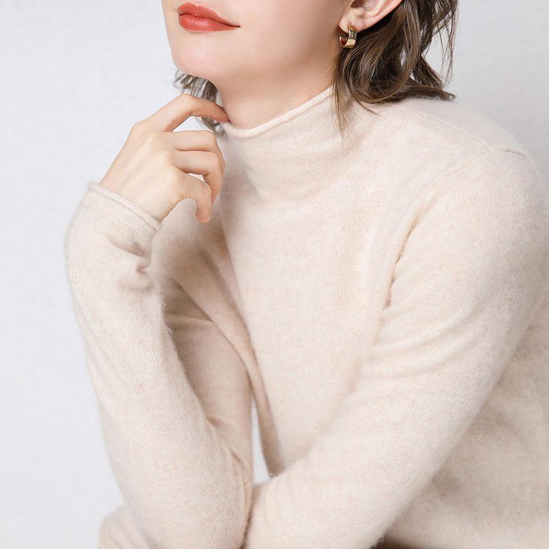 Women's Rolled Hem Half-High Neck 100% Wool Sweater - Stylish Autumn/Winter Base Layer