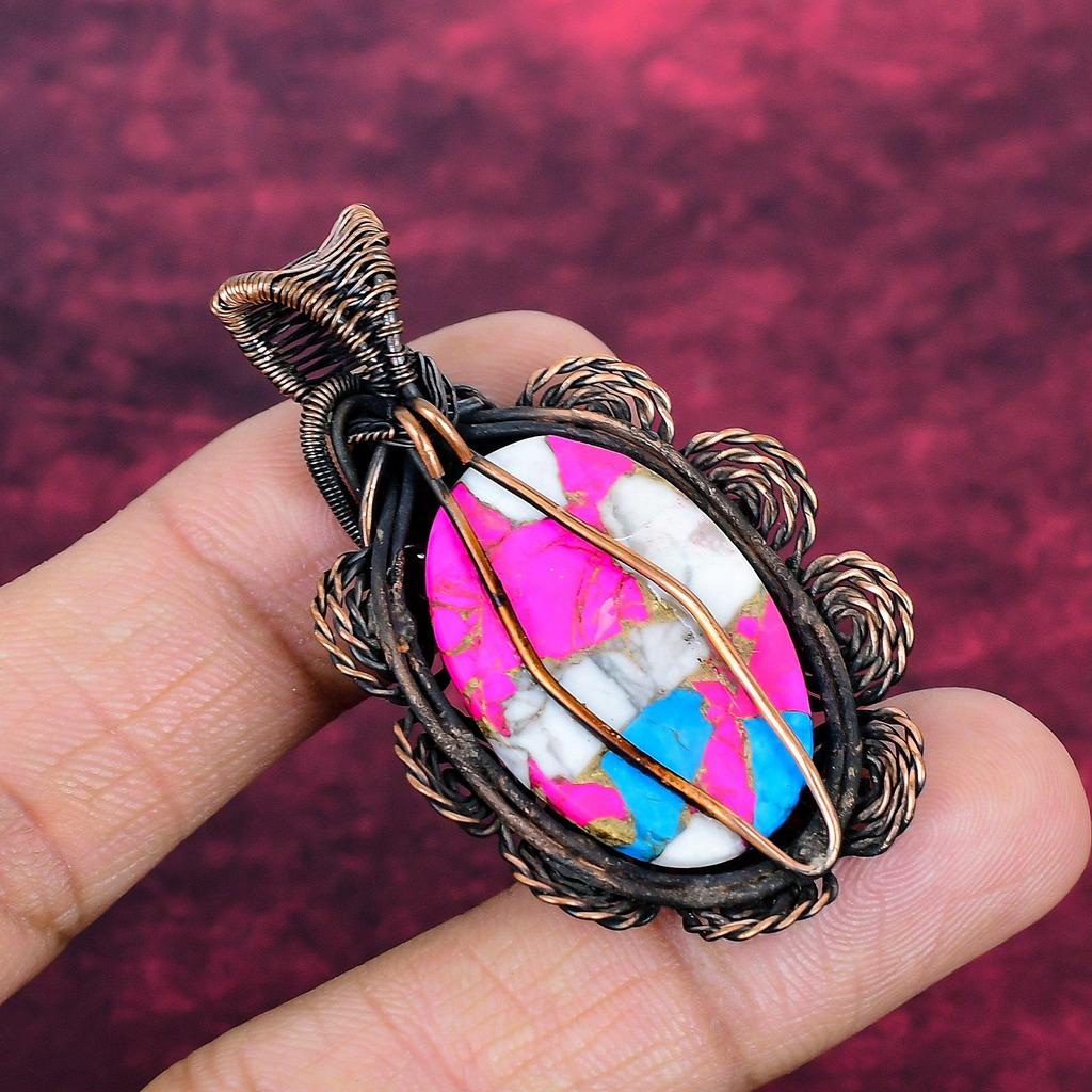 Cotton Candy Turquoise Gemstone Pendant Copper Wire Wrapped Flower Jewelry