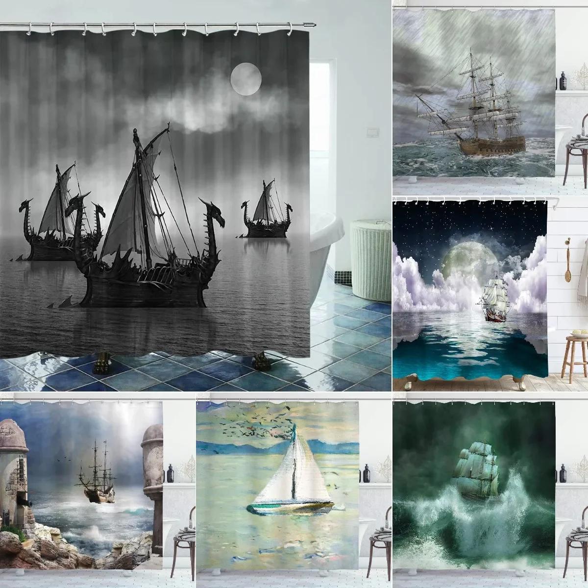 Tonnika Chen Black/White Norse Vikings Ship Shower Curtain Fantasy Boat Art And Color Sailing Dragon Ship Curtain For Bathroom With Hooks