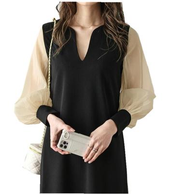 KKAERDIYA Chiffon Sleeve Slit Long Dress, Sheer, Neck, Sleeves, Women's, Spring/Summer (Size L, Beige)