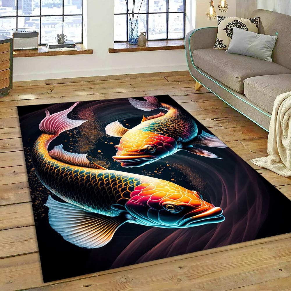 שטיח מצויר דגי קוי יין יאנג טבעיים לבית, לסלון, לחדר השינה, לספה, שטיחון כניסה, קישוט, שטיח אזור לילדים, מחצלת מונעת החלקה