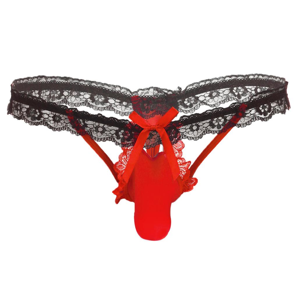 Bărbați din dantelă florală cu bandă elastică tanga sissy lenjerie de corp culoare contrastantă cu fundă husă umflături cu șnur decupat spate în T