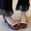 Sheepskin~ French single shoes women's thick heel bow red work shoes are beautiful and not tired high heel Mary Jane shoes