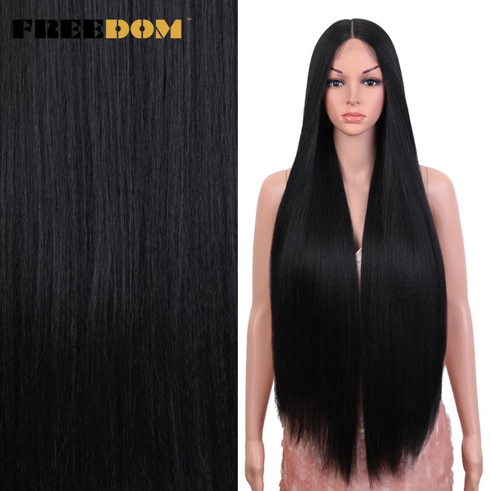 FREEDOM Yaki Straight Synthetische Spitzeperücken für Damen Ombre Braun Handgebundene Spitzeperücke 36 Zoll Mittelscheitel Lang Blau Rosa Cosplay-Perücke
