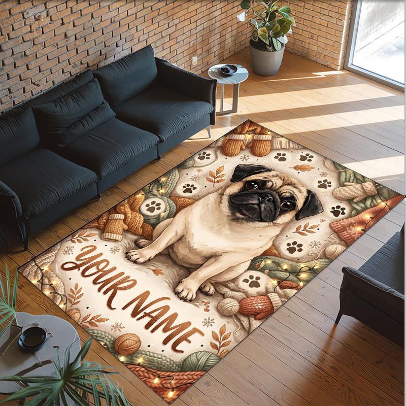 Pug Theme Crystal Velvet Floor Rug Personalized Custom Name Text Warm Carpet Home Decoration