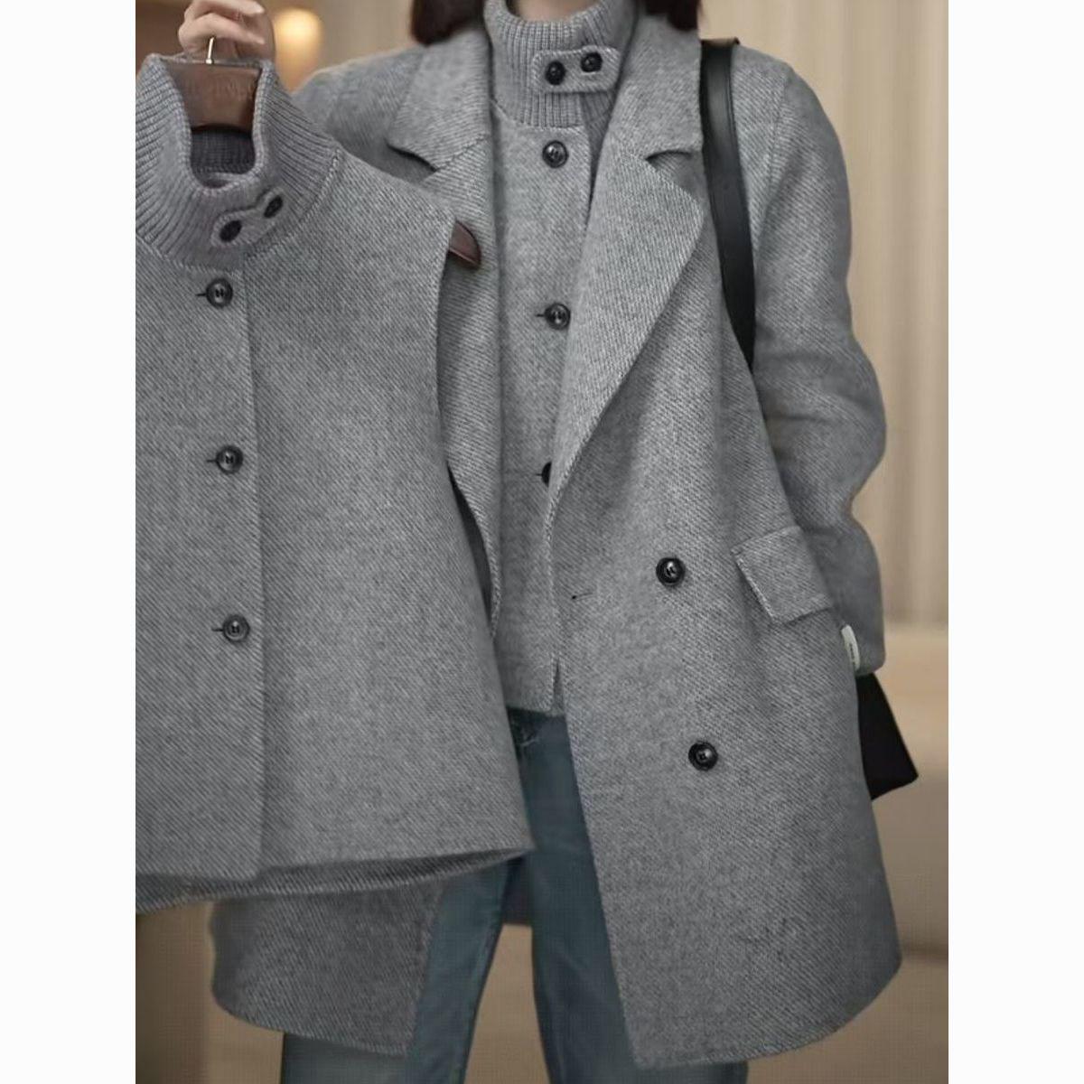 

2025 Women s Plus Size Wool Suit: Two-Piece Double-Faced Stand Collar Vest & Loose Overcoat L (suggested for 70-80 kg)